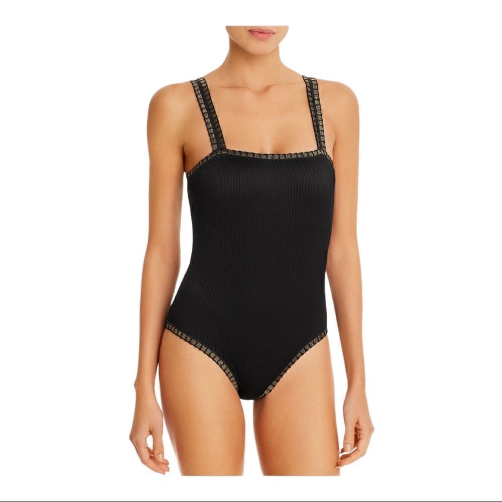 Platinum Swimwear Black Square Neck One Piece Swimsuit with Gold Trim SZ S BNWT